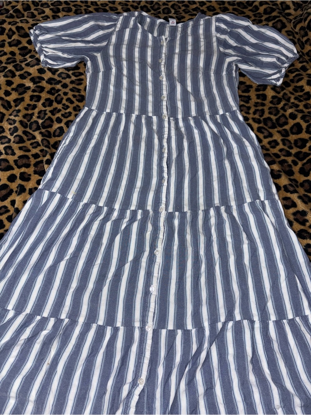 Old Navy Blue and White Striped Tiered Button-Front Dress